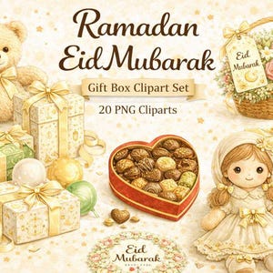 Ramadan Eid Mubarak akvarell presentask clipart-set | 20 PNG-bilder | Direkt nedladdning |