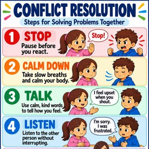 May include: An educational poster titled Conflict Resolution: Steps for Solving Problems Together. It features four numbered rows with illustrations of a girl and a boy demonstrating steps: 1 Stop, 2 Calm Down, 3 Talk, and 4 Listen, with text.
