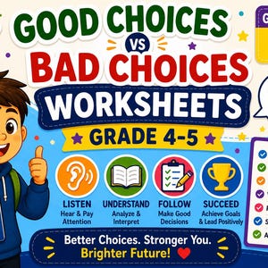 Good Choices vs Bad Choices Worksheets Grades 4-5| SEL Activities|  |School Social Learning| Printable Classroom Behavior| Instant Download