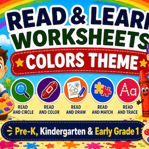 以下が含まれることがあります： READ & LEARN WORKSHEETS COLORS THEMEと書かれた就学前・幼稚園・小学校低学年向けのカラフルな学習ポスター。漫画風の子供たち、虹、絵の具バケツ、クレヨン、読み書きや色塗りの練習用アイコンが描かれています。