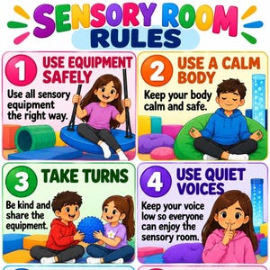 May include: A colorful poster titled Sensory Room Rules featuring four numbered sections. Rule 1 shows a child on a blue swing. Rule 2 shows a child sitting on a green beanbag. Rule 3 shows two children sharing a blue ball. Rule 4 shows a child gesturing for quiet.