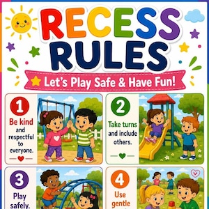 Puede incluir: Un póster educativo colorido titulado RECESS RULES con el subtítulo Let's Play Safe & Have Fun! El póster presenta cuatro secciones numeradas con ilustraciones de niños en un parque infantil, incluyendo columpios, un tobogán y juegos.