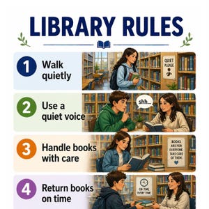 Może przedstawiać: Kolorowa ilustracja zasad bibliotecznych. Obraz przedstawia cztery zasady: chodź cicho, używaj cichego głosu, obchodź się z książkami ostrożnie i oddawaj książki na czas. Każda zasada jest opatrzona ilustracją przedstawiającą ludzi w bibliotece. Tekst "ZASADY BIBLIOTECZNE" znajduje się na górze.