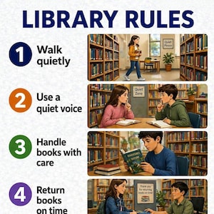 May include: A poster with the title "LIBRARY RULES" and four illustrated rules: Walk quietly, Use a quiet voice, Handle books with care, and Return books on time. Each rule is accompanied by an illustration of people in a library setting.