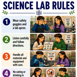 Może przedstawiać: Kolorowy plakat zatytułowany „SCIENCE LAB RULES” z czterema zilustrowanymi zasadami bezpieczeństwa w laboratorium. Zasady obejmują noszenie okularów ochronnych, przestrzeganie instrukcji, ostrożne obchodzenie się ze sprzętem oraz zakaz jedzenia i picia.