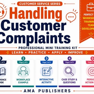 Op de afbeelding: Een professionele mini-trainingskit getiteld Customer Service Series: Handling Customer Complaints. Het bevat vijf secties: Reference Guide, Workplace Example, Interactive Activity, Case Study & Questions en Personal Action Plan.