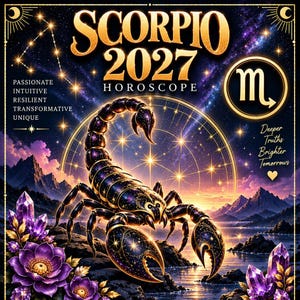 以下が含まれることがあります： 蠍座2027年ホロスコープのグラフィック。金色の星模様が描かれた大きな黒いサソリが、山々、紫の花、クリスタルが配置された宇宙の夜空を背景にしています。「SCORPIO 2027 HOROSCOPE」、「PASSIONATE INTUITIVE RESILIENT TRANSFORMATIVE UNIQUE」、「Deeper Truths Brighter Tomorrows」というテキストが含まれています。