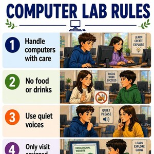 Puede incluir: Un póster educativo titulado "REGLAS DEL LABORATORIO DE COMPUTACIÓN" con cuatro reglas ilustradas: Manipular las computadoras con cuidado, No comer ni beber, Usar voces tranquilas y Visitar solo sitios web asignados. Cada regla está ilustrada.