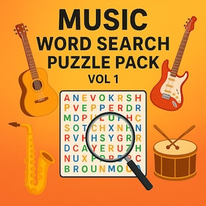 May include: A vibrant illustration for a music-themed word search puzzle pack. The image features a guitar, electric guitar, saxophone, drum, and a word search grid with a magnifying glass. The text reads "MUSIC WORD SEARCH PUZZLE PACK VOL 1."