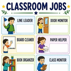 Puede incluir: Un colorido cuadro de trabajos en el aula con ilustraciones de niños realizando diversas tareas. El cuadro incluye títulos de trabajo como "Líder de fila", "Monitor de puerta", "Limpiador de pizarra", "Ayudante de papel", "Organizador de libros" y "Monitor de clase".
