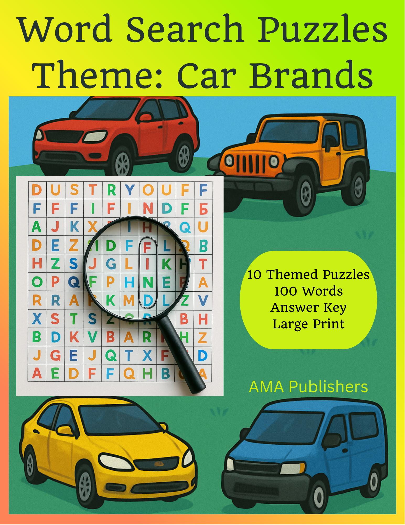 Word Search Puzzle Pack -car Brands- 10 Large Print Puzzles + Solutions