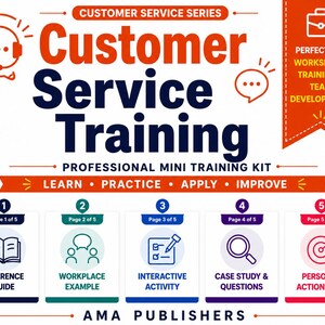 May include: A Customer Service Training professional mini training kit infographic featuring the text Customer Service Series, Learn, Practice, Apply, Improve, and five numbered sections including Reference Guide, Workplace Example, Interactive Activity, Case Study & Questions, and Personal Action Plan.