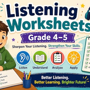 Puede incluir: Gráfico educativo colorido para hojas de trabajo de escucha, grados 4-5. Presenta un niño de dibujos animados, auriculares e iconos para escuchar, comprender, analizar y aplicar. Incluye texto: "Sharpen Your Listening. Strengthen Your Skills."