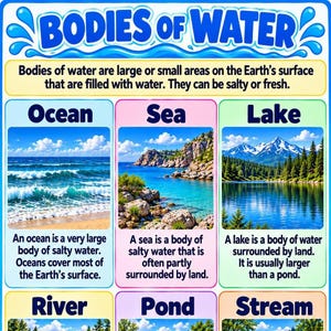 Bodies of Water| Grade 2–3 Geography Poster|Ocean Sea Lake River Pond Stream|Elementary Social Studies Classroom Decor|Instant Printable PDF