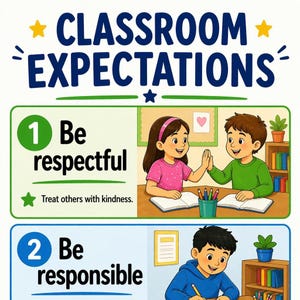 Puede incluir: Un colorido póster de expectativas en el aula con las palabras "Classroom Expectations" en la parte superior. El póster incluye ilustraciones y texto sobre ser respetuoso y responsable. La primera sección muestra a dos niños dándose la mano.