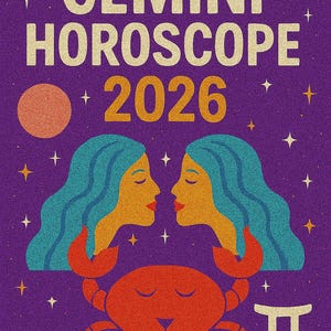 Op de afbeelding: Een paarse afbeelding met de woorden "GEMINI HOROSCOPE 2026" in crème en goud. De afbeelding toont twee figuren met blauw haar, een rode krab en astrologische symbolen.