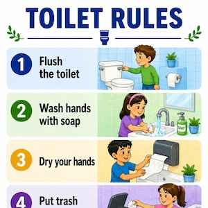 Op de afbeelding: Kleurrijke illustratie met de tekst "TOILET RULES" bovenaan. De afbeelding toont vier stappen: het doorspoelen van het toilet, handen wassen met zeep, handen drogen en afval in de bak doen. Elke stap wordt geïllustreerd met een kind.