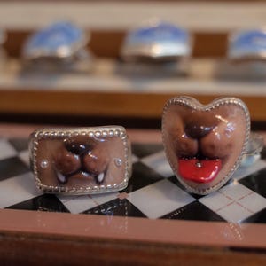 May include: Two silver-toned rings featuring animal nose designs. The rectangular ring displays a brown snout with white teeth. The heart-shaped ring shows a brown nose with a bright red tongue sticking out, accented by a small silver stud on the tongue.