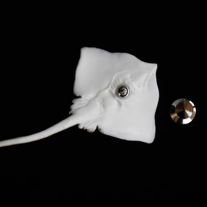 K&ouml;nnte beinhalten: Eine wei&szlig;e Stechrochen-Skulptur mit detailliertem Design, mit einem kleinen, runden, silberfarbenen Akzent. Die Skulptur befindet sich neben einem kleinen, runden, silberfarbenen Objekt. Der Hintergrund ist schwarz.