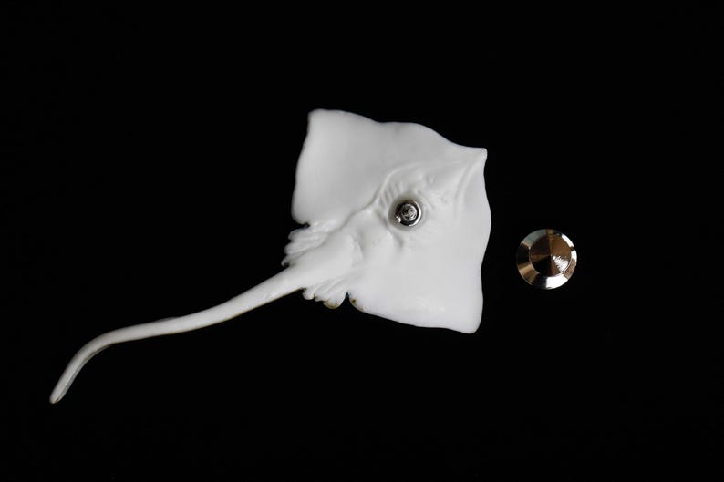 K&ouml;nnte beinhalten: Eine wei&szlig;e Stechrochen-Skulptur mit detailliertem Design, mit einem kleinen, runden, silberfarbenen Akzent. Die Skulptur befindet sich neben einem kleinen, runden, silberfarbenen Objekt. Der Hintergrund ist schwarz.