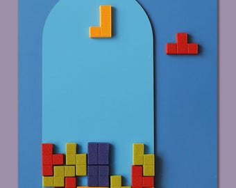 May include: A blue background with a large, light blue arch shape. Colorful, geometric shapes in orange, red, green, and purple are arranged to resemble a Tetris game. The text "Flame Essence x YIHE" is at the top.