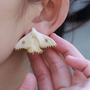 Puede incluir: Pendiente en forma de polilla de color crema con detalles marrones y acentos dorados. El pendiente se muestra cerca de una oreja, mostrando su delicado diseño y detalles intrincados. Superficie texturizada, pequeño poste dorado.