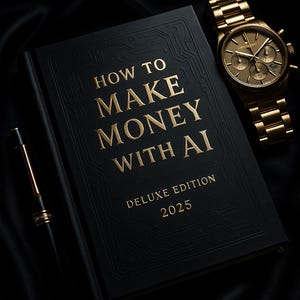 Peut inclure: Un livre noir avec le titre "HOW TO MAKE MONEY WITH AI" en lettres dorées, une montre dorée et un stylo doré sur une surface en satin noir. L'édition du livre est de luxe et date de 2025.