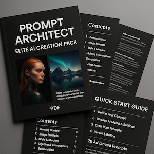 Peut inclure: Un guide PDF noir intitulé "PROMPT ARCHITECT ELITE AI CREATION PACK" avec un portrait de femme et une image de paysage. Des pages supplémentaires incluent "Contents" et "Quick Start Guide" avec des listes numérotées.