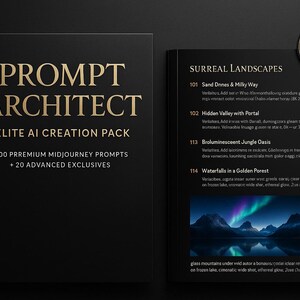 May include: A black book titled "PROMPT ARCHITECT" with gold lettering, part of the "ELITE AI CREATION PACK". The book is open to a page with "SURREAL LANDSCAPES" and a landscape image. An "EXCLUSIVE AI EDITION" sticker is in the upper right.