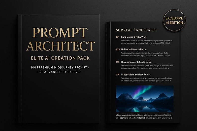 May include: A black book titled "PROMPT ARCHITECT" with gold lettering, part of the "ELITE AI CREATION PACK". The book is open to a page with "SURREAL LANDSCAPES" and a landscape image. An "EXCLUSIVE AI EDITION" sticker is in the upper right.