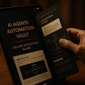 Könnte beinhalten: Ein digitales Tablet zeigt den Text "AI AGENTS AUTOMATION VAULT" und "DELUXE EXECUTION GUIDE". Eine Hand hält eine Karte mit einem Diagramm und den Worten "STRUCTURED SLIDES" und "WORKFLOWS". Der Hintergrund ist dunkel.