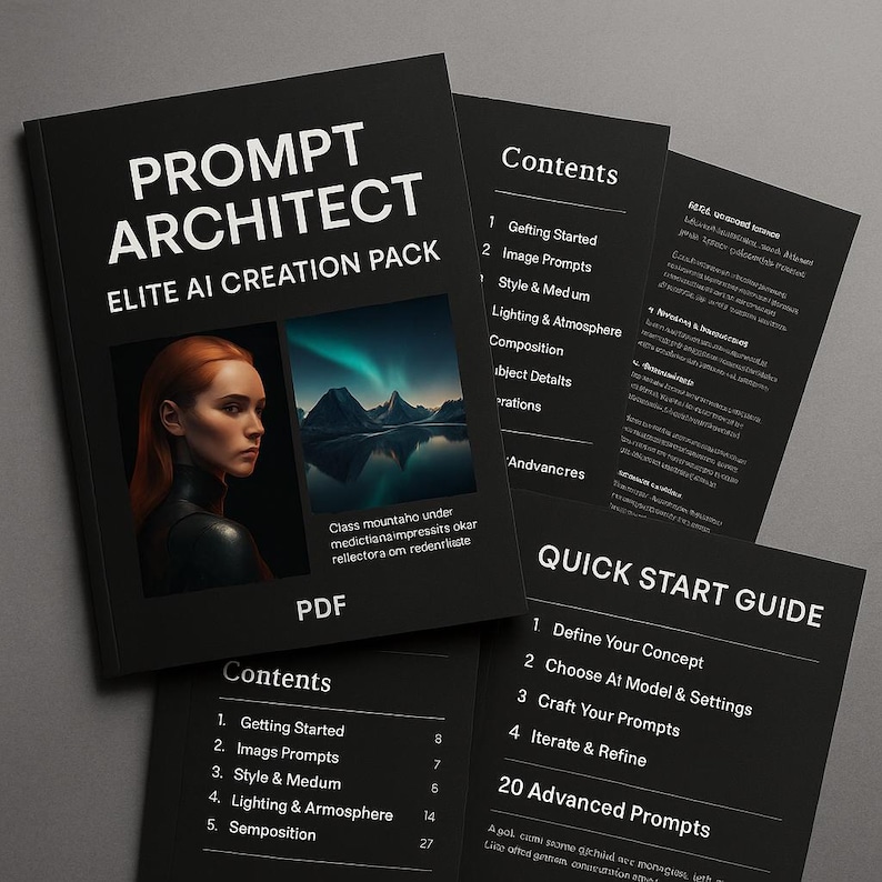 May include: A black PDF guide titled "PROMPT ARCHITECT ELITE AI CREATION PACK" with a woman's portrait and a landscape image. Additional pages include "Contents" and "Quick Start Guide" with numbered lists.