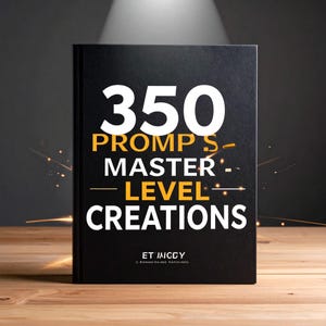 May include: A black book with the title "350 Prompts Master Level Creations" in white and gold lettering. The book is on a wooden surface with a dark background. The author's name, ET IMCCY, is at the bottom.