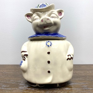 Winnie the Pig Cookie Jar With Lid Blue Collar Vintage Shawnee Pottery
