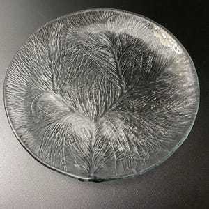 May include: A clear glass plate featuring a textured, embossed pattern of three large, radiating fern-like leaves. The surface of the circular plate displays intricate, fine lines that mimic the veins and structure of organic foliage, creating a detailed, raised relief design across the entire transparent glass surface.