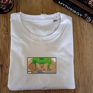 T-shirt brodé Zoro Wano 100 % coton – Chemise anime, t-shirt brodé minimaliste, cadeau pour les fans d&#39;anime