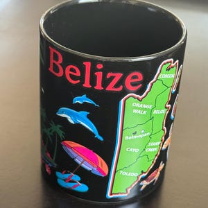 May include: Black ceramic mug with the word "Belize" in red. The mug is decorated with images of dolphins, a beach umbrella, and a map of Belize with city names. A souvenir mug.