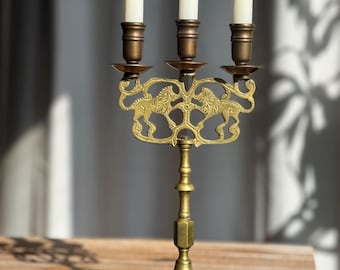 Può includere: Un candelabro in ottone con tre candele bianche. Il candelabro presenta un design decorativo con due figure di leone. La base è esagonale e si trova su un libro verde con il testo "HERBS & SPICES".