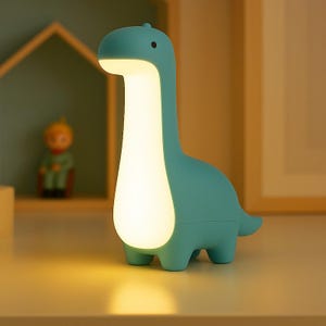 May include: A teal dinosaur-shaped night light with a glowing white neck. The lamp has a small black eye and is sitting on a white surface. The light is on, illuminating the area around it.