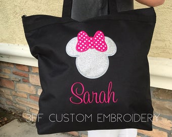 Personalized Minnie Mouse Tote Bag, Embroidered Disney Vacation Carry-All