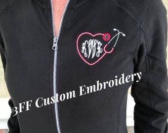 Personalized Monogrammed Ladies OR Unisex(Men's) NURSE/DOCTOR Heart Stethoscope Full Zip Micro Fleece Jacket/Nurse Appreciation/Nurse Gift