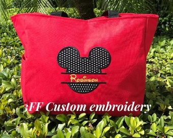 Personalized Split Mickey Mouse Tote Bag, Zippered Disney Vacation Carry-All