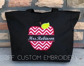 Personalized Split Apple Teacher Zippered Tote Bag/Teacher Appreciation Gift/Gift for Teacher/School Teacher Bag