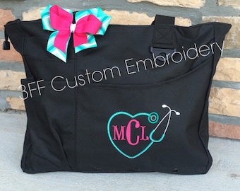 Personalized or Monogrammed NURSE/Doctor Heart Stethoscope Super Tote/Nurse Appreciation Gift/Nurse Carry All Bag