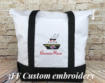 Oversized Disney Cruise Inspired Tote Bag, Embroidered Zippered Beach Bag