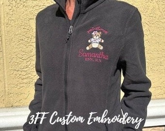 Personalized Ladies OR Unisex(Men's) Pediatric Nurse/Doctor Teddy Bear Full Zip Fleece Jacket/Peds Nurse/Pediatrics/Peds RN/Pediatric Nurse