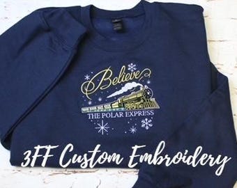 Embroidered Christmas Train Sweatshirt/Santa's Bell/Christmas Believe/Christmas Gift/Crewneck Sweatshirt/North Pole/All Aboard/Polar Train