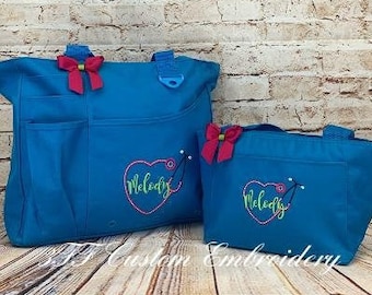 Personalized Monogrammed NURSE/DOCTOR Heart Stethoscope Super Tote and Lunch tote SET/Nurse Appreciation Gift/Nurse Carry All Tote Bag