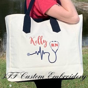Personalized EKG Heart Stethoscope XL Canvas Tote, Oversized Tote, Large Bag, Water Repellent Nurse Bag, Travelling Nurse