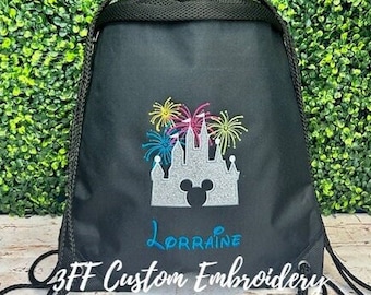 2 Pocket Canvas Drawstring GLITTER Mickey Castle Inspired Backpack with Mesh Trim/Disney Castle with Fireworks/Theme Park Castle Backpack